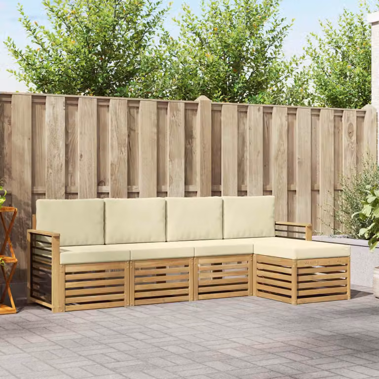 Set di divani da esterno vidaXL a forma di L con pouf, colore bianco e beige, in legno di acacia e tessuto impermeabile