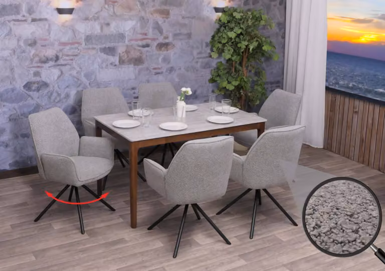 Set di 6 sedie da pranzo modello HWC-G67, sedia per cucina con braccioli, girevole, con sistema di blocco automatico della posizione, rivestita in tessuto bouclé MVG, colore grigio chiaro