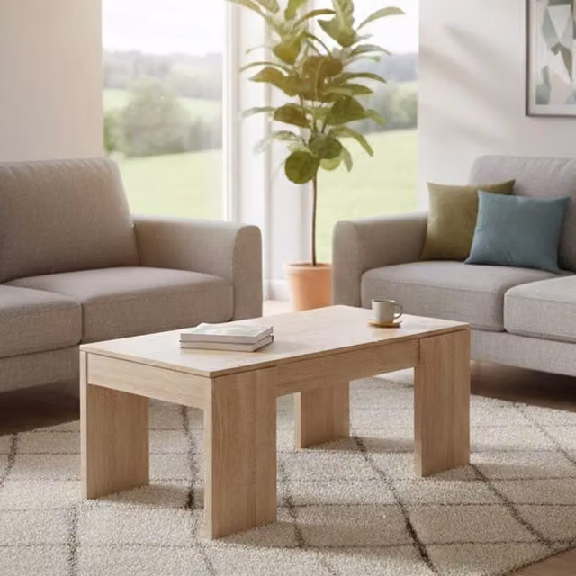 Tavolino da salotto Almo DMORA con piano elevabile in Rovere e finitura opaca, L: 100 cm, P: 50 cm, H: 43/84 cm