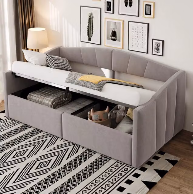 Divano letto imbottito con contenitore idraulico 90x200 cm; velluto; grigio chiaro