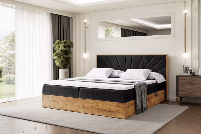 Letto boxspring ALTDECOR LOLLI6 con materasso H3 + topper, testiera e contenitore in legno di rovere - 140x200 - Velluto nero