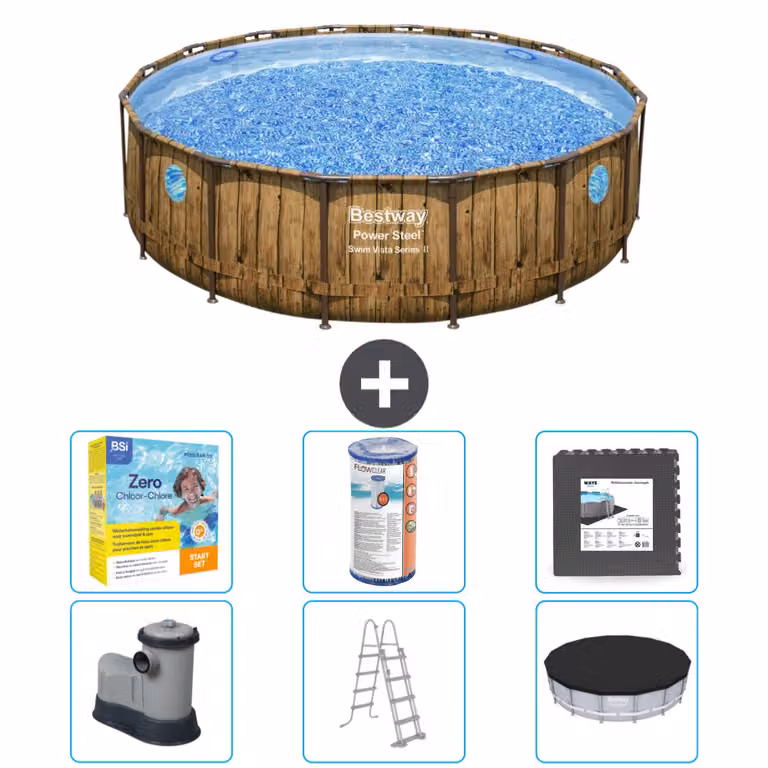 Piscina Bestway Round Power Steel Swim Vista - stampa su legno - 488 x 122 - compresa pompa - scaletta - copertura pacchetto manutenzione - filtro - pavimento in piastrelle