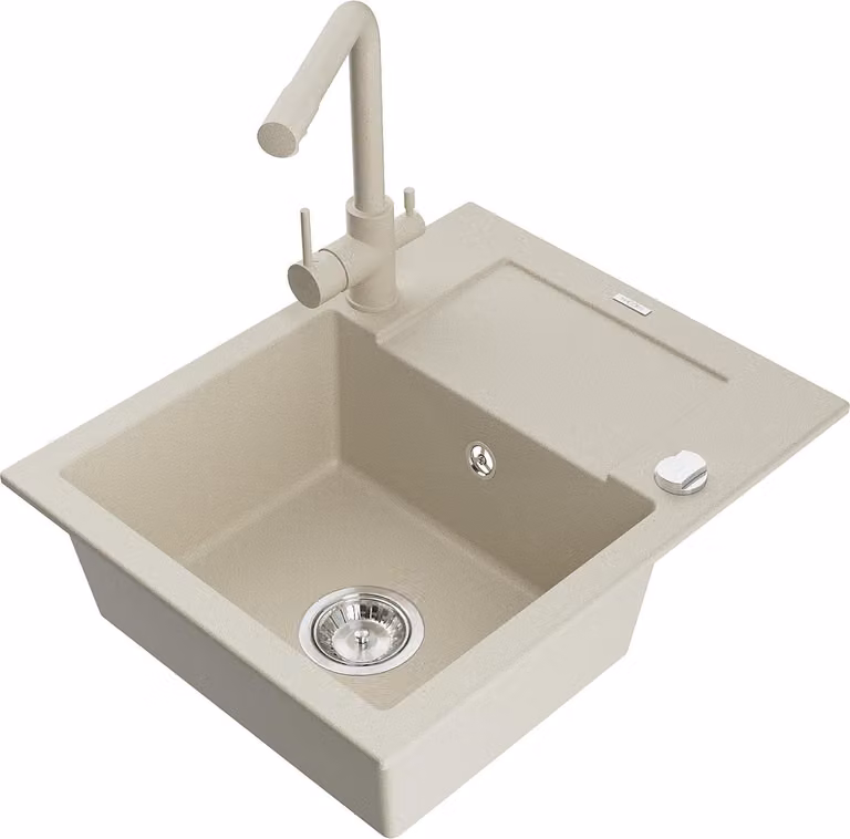 Mexen Enzo lavello in granito a 1 vasca con scolapiatti e miscelatore da cucina Duero, beige - 6506-69-671600-69