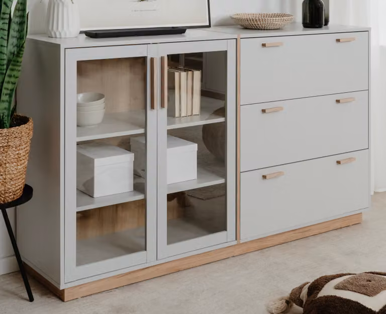 Credenza "Hanno" in grigio e cassettiera in noce hickory 163 x 94 cm