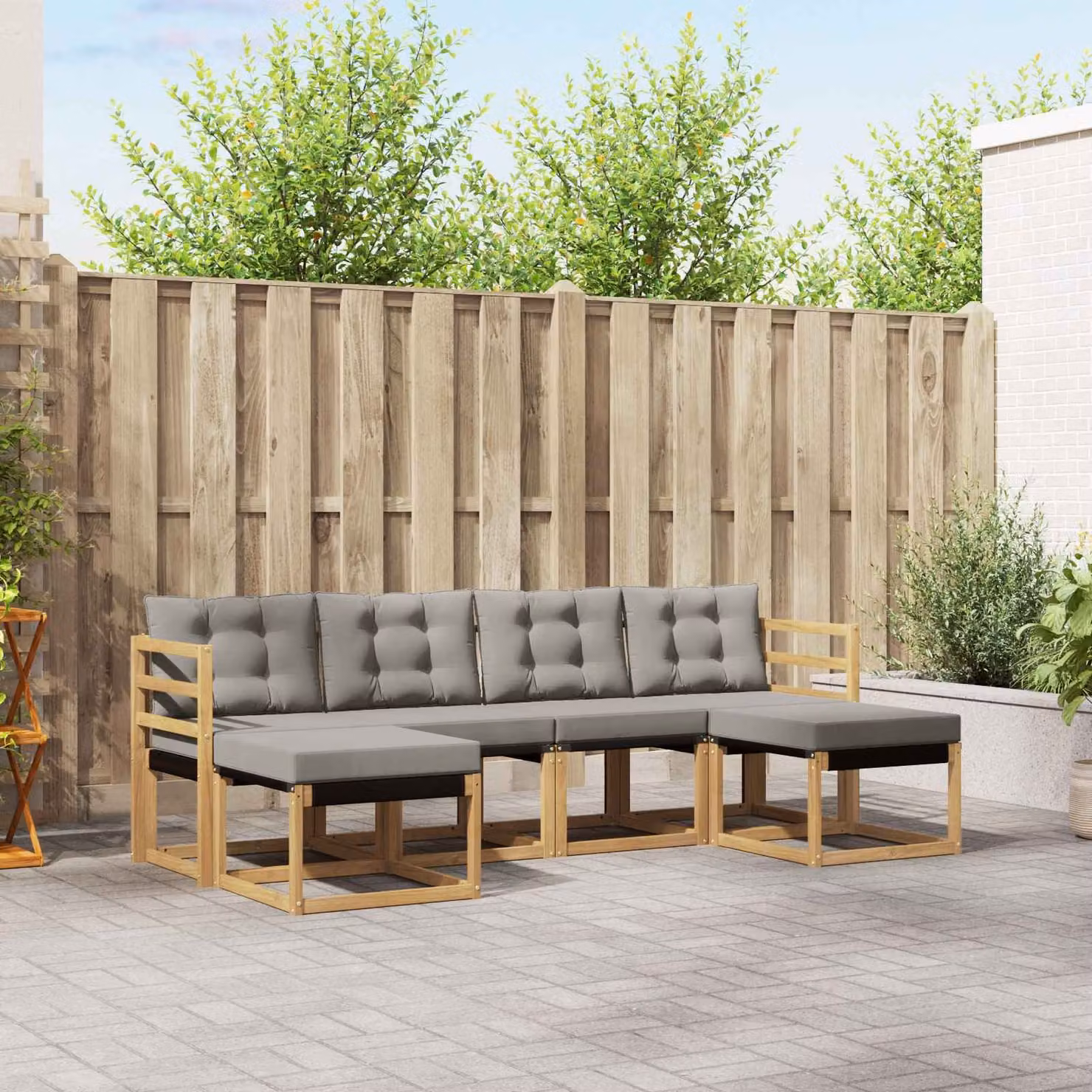 vidaXL Set di divani da esterno a forma di U composto da 6 pezzi in legno di acacia con cuscini in textilene, Bianco, Grigio e Marrone