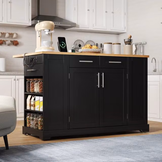 Carrello da cucina con piano ribaltabile, vano rifiuti estraibile e prese elettriche, nero naturale, 138 × 86 × 92 cm