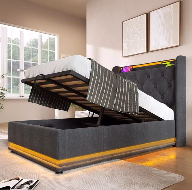 Letto singolo imbottito 90x200 cm con LED 360°, testiera in lino grigio, funzione di ricarica USB Tipo-C e struttura idraulica con contenitore