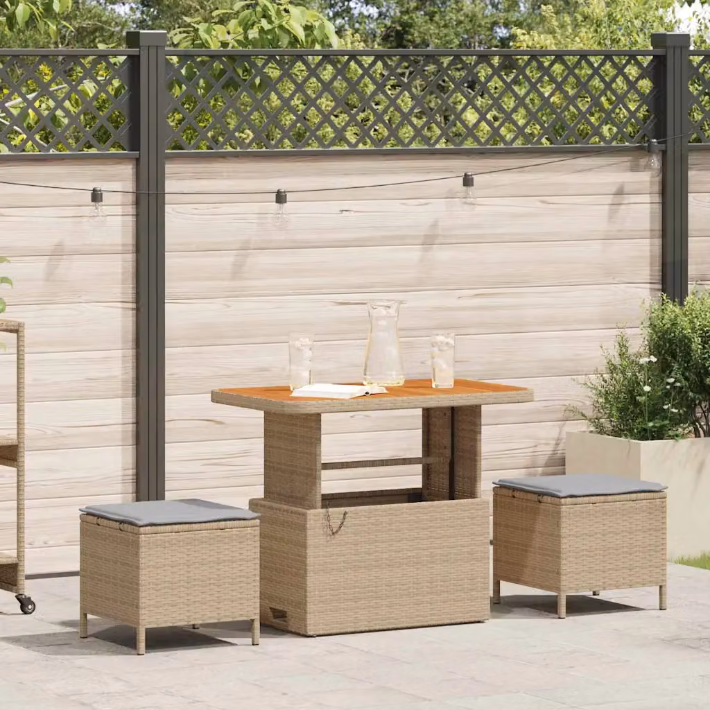 Set da pranzo per giardino e terrazzo vidaXL in polyrattan e legno di acacia beige, composto da 3 pezzi con tavolo quadrato moderno