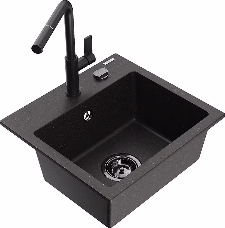 Mexen Milo lavello in granito a 1 vasca con miscelatore cucina Flora, nero/oro metallizzato - 6505-75-670401-70-B