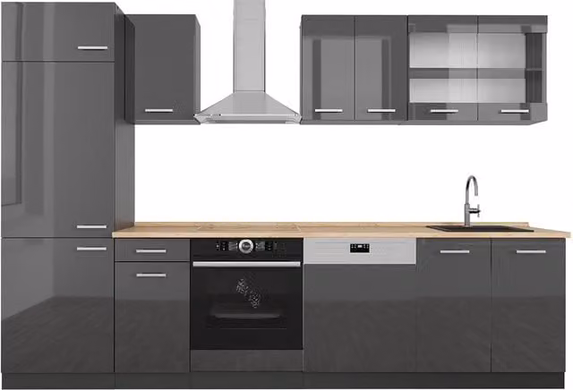 Cucina componibile moderna R-Line Vicco colore Antracite lucido, larghezza 300 cm, senza piano di lavoro