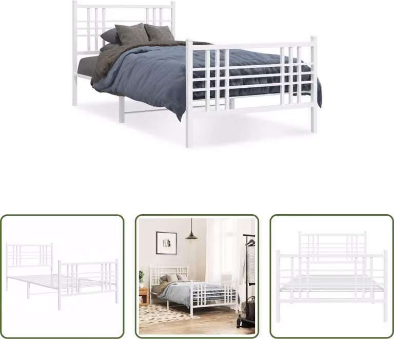 The Living Store Struttura letto con testiera e pediera in metallo bianco 90x190 cm