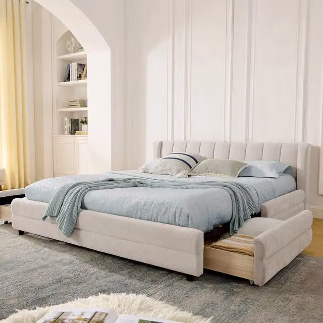 Letto Matrimoniale Contenitore Imbottito in Velluto ¨C MINIMAL ¨C 140x200 cm, Beige
