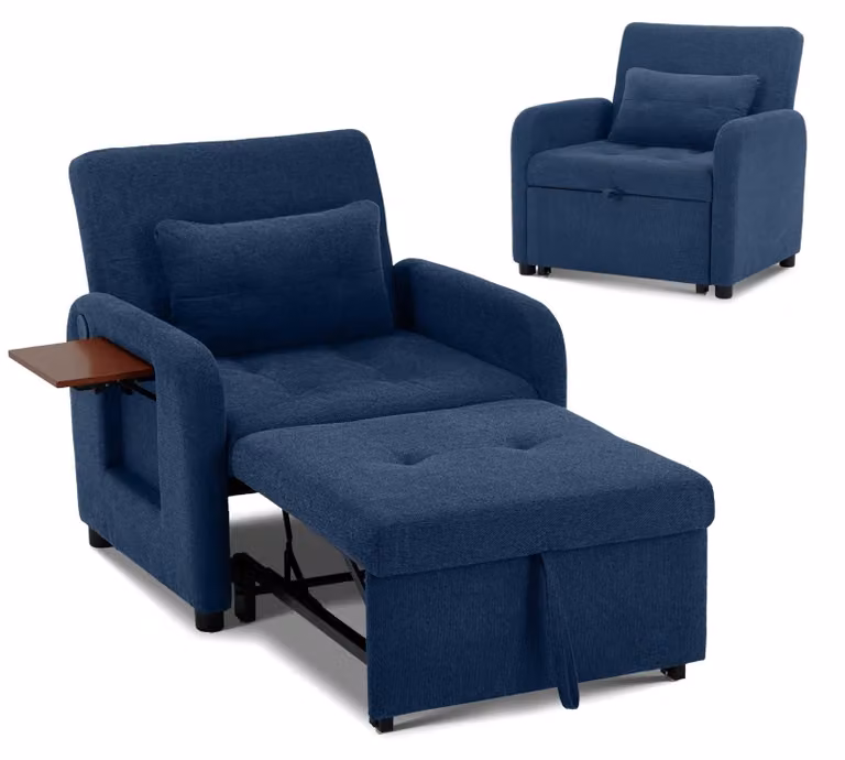 Divano letto pieghevole blu scuro – tessuto multifunzionale, trasformabile da seduta a letto, con porta USB, tavolino pieghevole, cuscino e schienale regolabile