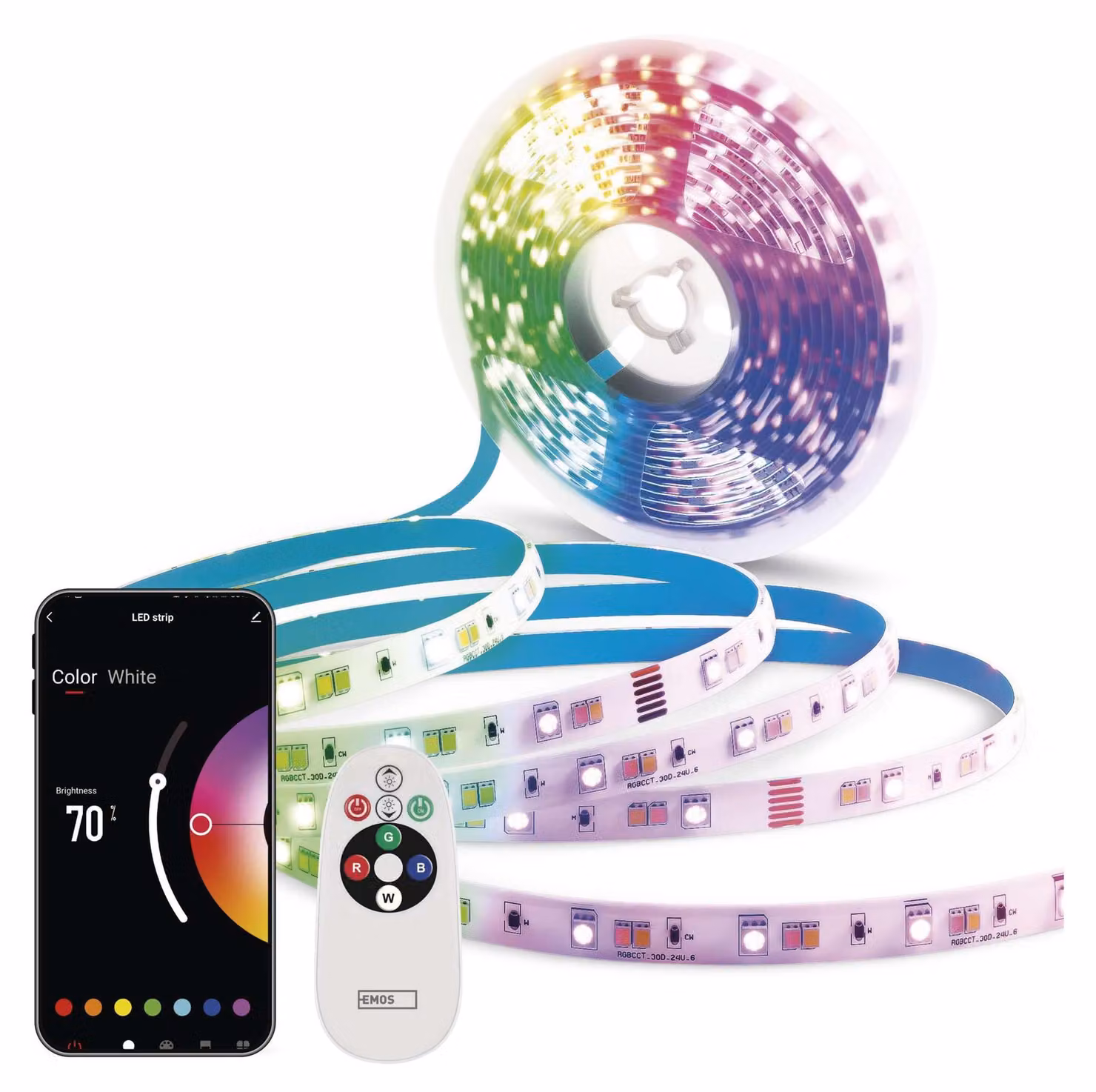 EMOS Smart LED Strip RGB/CCT 2m, striscia LED con telecomando e app, 16 milioni di colori, sincronizzazione musicale, inclusi 1,5 cavi e alimentatore, ZPW218R
