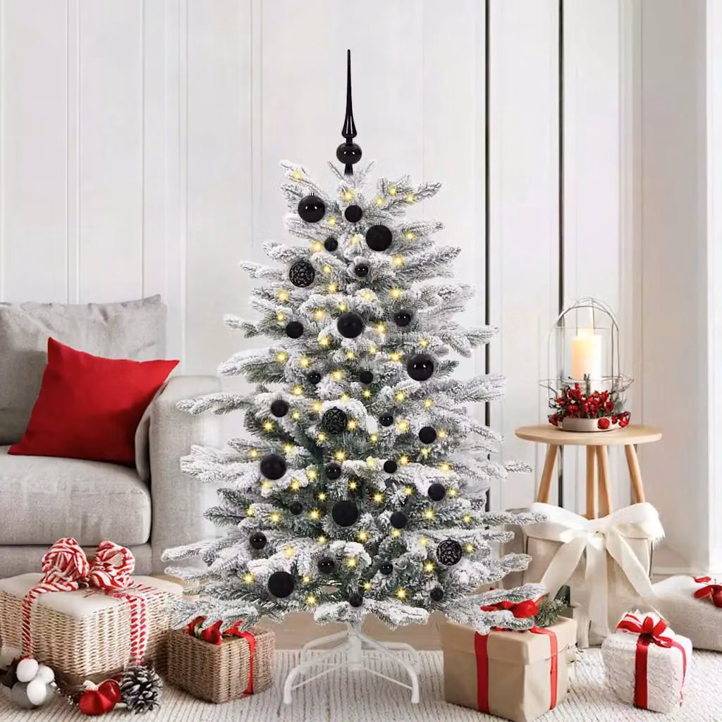 Set di 61 palline di Natale vidaXL con 150 LED bianco caldo, sfere in plastica infrangibili, colore bianco e nero, Ø 6 cm