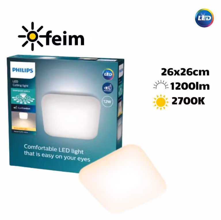Philips Plafoniera funzionale Malva, 12 W, quadrata, LED, 2700 K, 1200 lm, IP20, Bianco