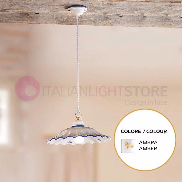 Lampada a sospensione Altopascio di Ceramiche Borso in ceramica ambra e ottone con stile rustico country, Diametro: 38 cm