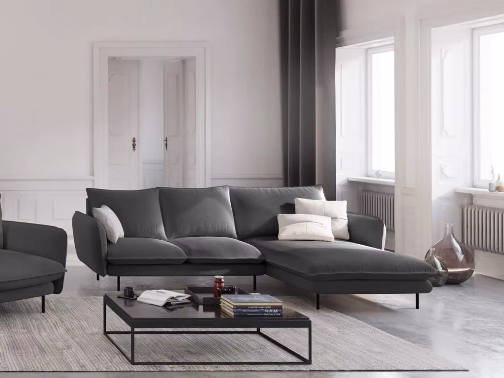 Divano angolare destro Vienna di Cosmopolitan Design, 5 posti in tessuto strutturato grigio scuro, L: 255 cm x P: 170 cm x H: 95 cm – 2