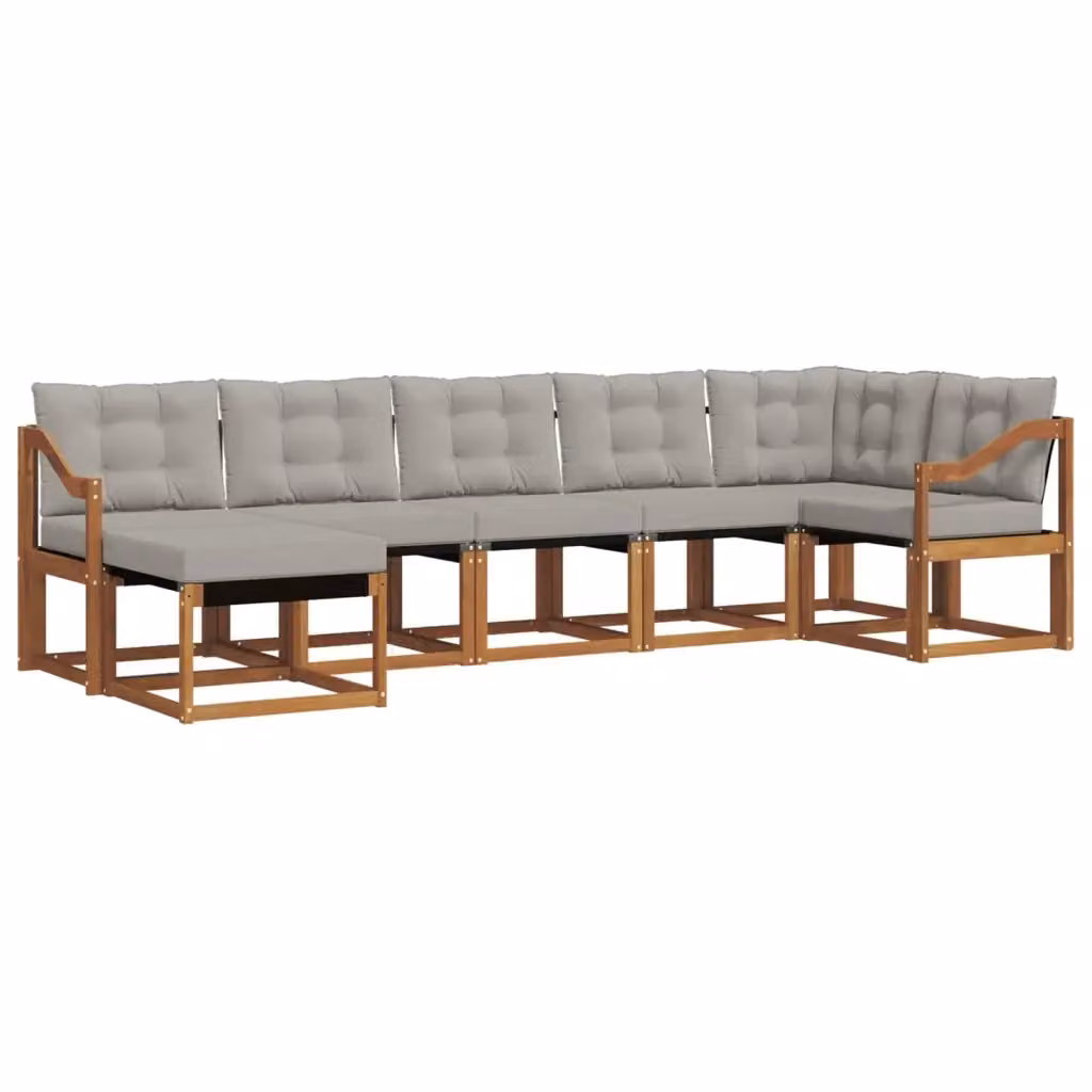 Set di divani da esterno a L vidaXL composto da 7 pezzi in legno di acacia e tessuto textilene, colori marrone e grigio con cuscini inclusi – 2