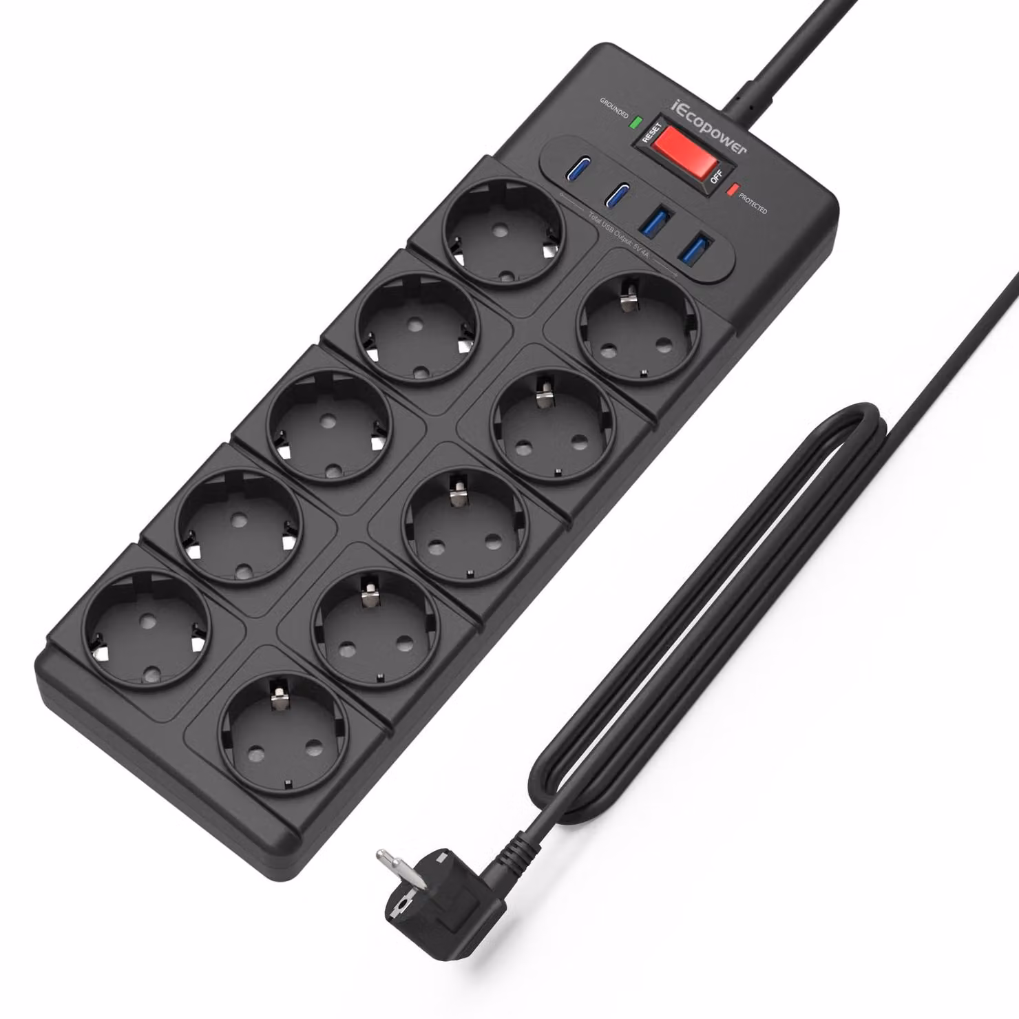 Ciabatta multipresa con 10 prese, ciabatta con porte USB (PD 20 W, 2 porte USB-C e 2 porte USB-A), ciabatta con interruttore, 4000 W/16 A, 1050 J