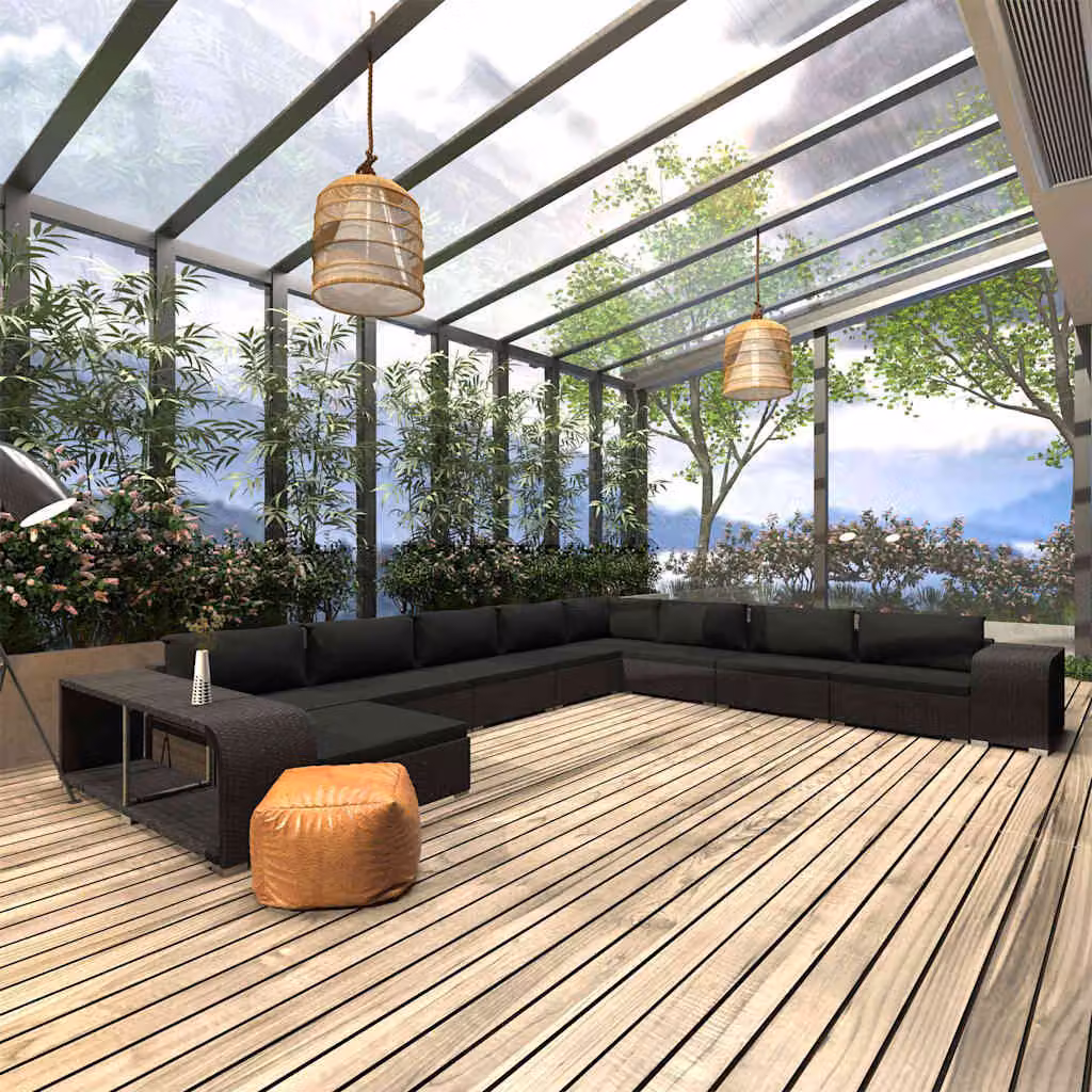 vidaXL Set Divani da Giardino 11 pz a Forma a L con Cuscini e Tavolino Nero – 1