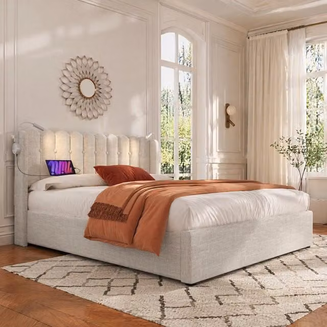 Letto con contenitore Mivray con testiera imbottita, luce da lettura e porta USB, rivestito in tessuto beige, L/P/H: 140 x 200 x 145 cm