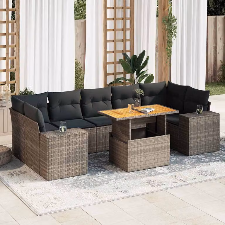 Set Divano da Giardino vidaXL 8 pz in Polyrattan Grigio con Cuscini e Tavolino da Esterno