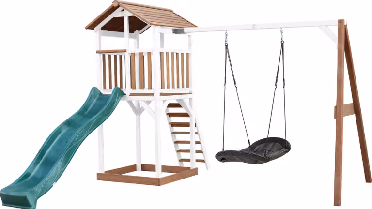 AXI Beach Tower parco giochi in legno in marrone e bianco | Torre di gioco con sabbiera, altalena a nido e scivolo verde | Casa per bambini su palafitte per il giardino