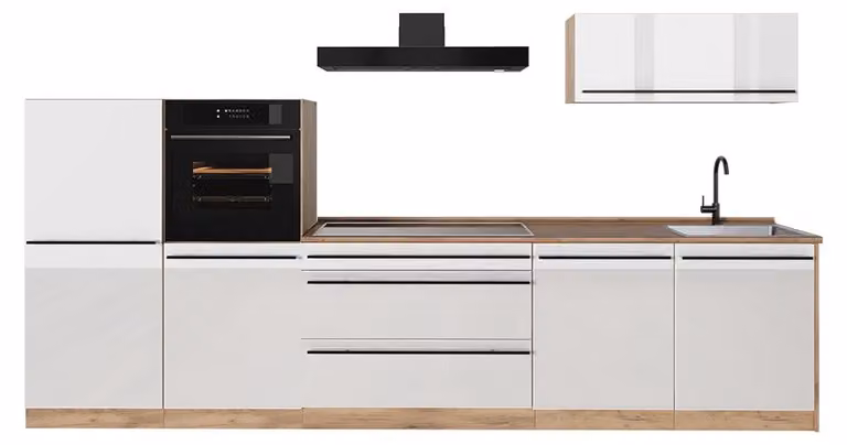 Cucina componibile Vicco R-Line Bianco lucido/Rovere dorato 340 cm piano di lavoro Rovere dorato, Model 66538