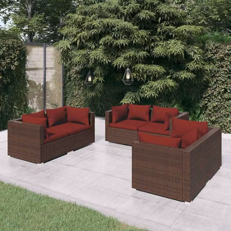 vidaXL Set Divani da Giardino a L 6 pz con Cuscini Marrone e Rosso in Polyrattan e Metallo