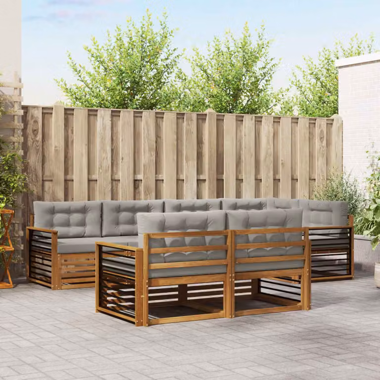 Set di divani da esterno vidaXL a L in legno di acacia con cuscini, 7 pezzi, Grigio