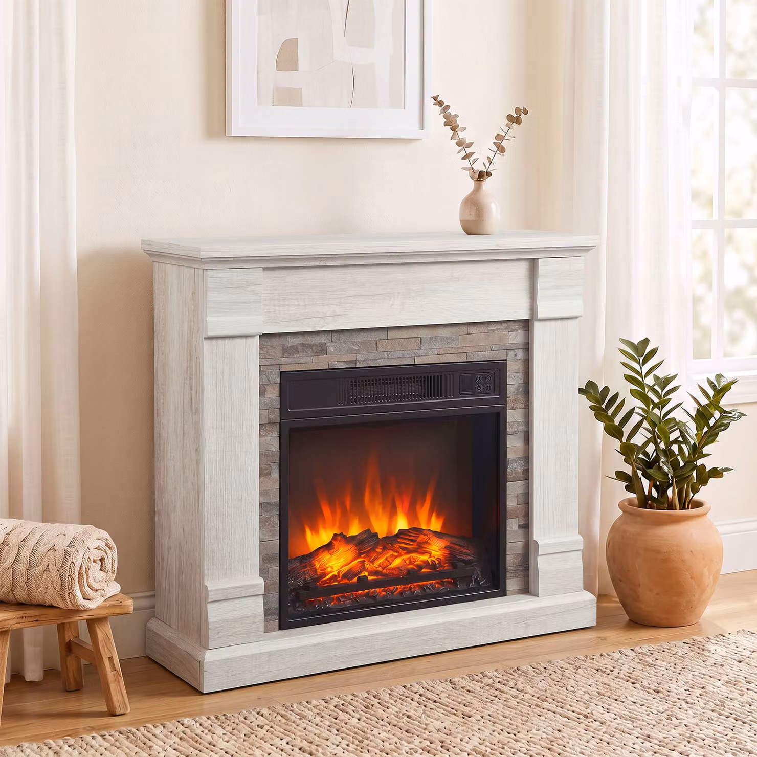 Camino Elettrico Decorativo HOMCOM con Effetto Fiamma, 1800W, Termostato, Timer e Telecomando, Colore Naturale – 2