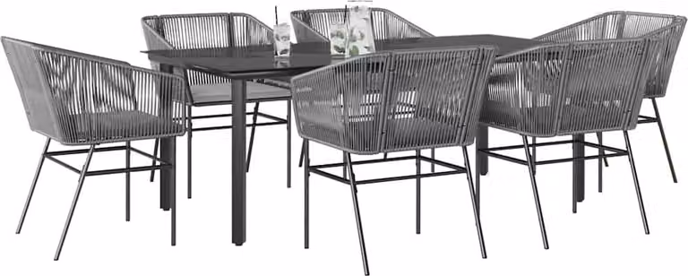 Set da Pranzo da Giardino 7 pz con Cuscini Polyrattan Vetro