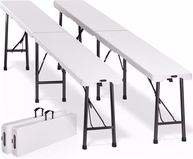 Set di 2 panchine da giardino Casaria bianche in plastica e acciaio verniciato a polvere pieghevoli