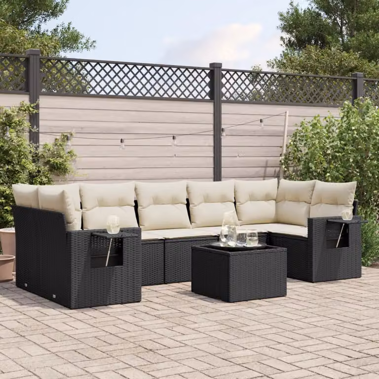 vidaXL Set Divani da Giardino a L con Cuscini 8 pz in Polyrattan Nero e Bianco con Tavolino da Esterno