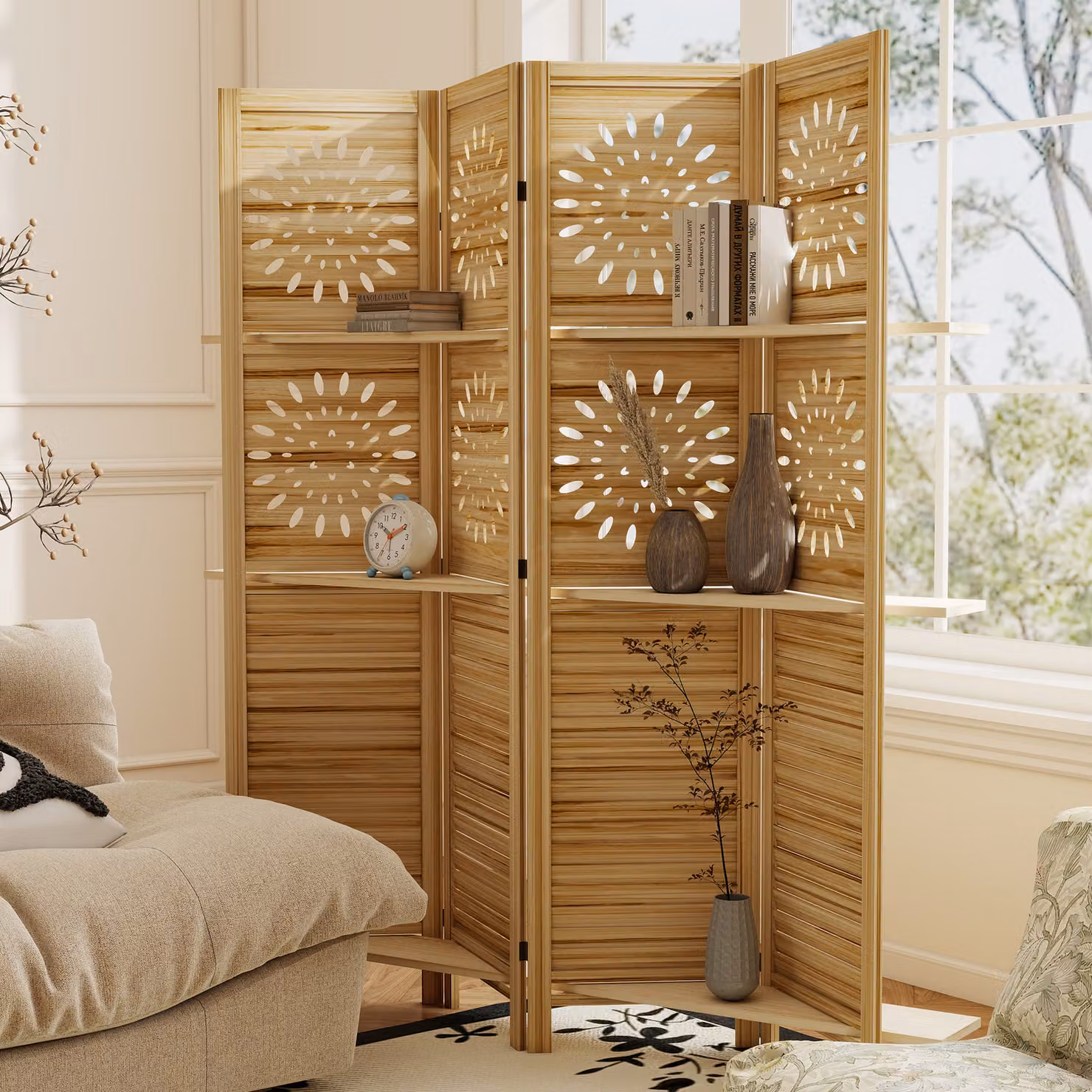 Paravento interno pieghevole HOMCOM in legno con 4 pannelli e 3 mensole, colore marrone, L: 160 cm, H: 170 cm – 2