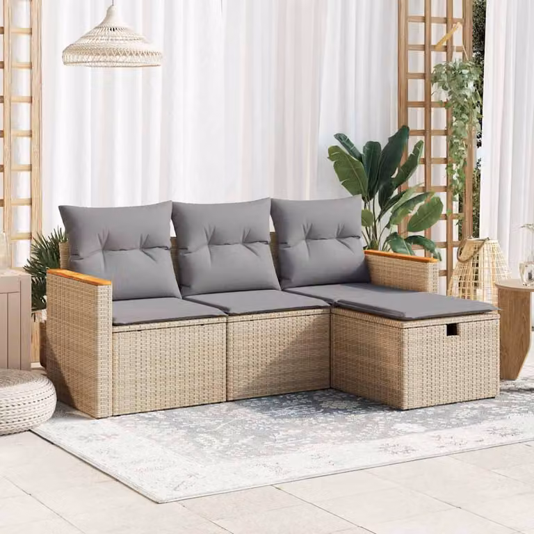 Set Divano da Giardino a L vidaXL in Polyrattan con Cuscini Beige e Struttura in Legno di Acacia