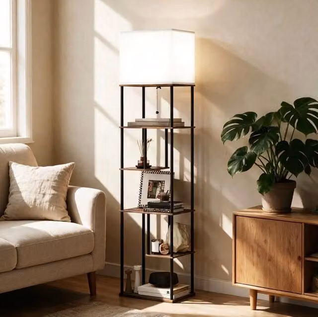 Lampada da terra con 5 ripiani dimmerabile e telecomando in legno e metallo, H x L x P: 171 x 40 x 29 cm