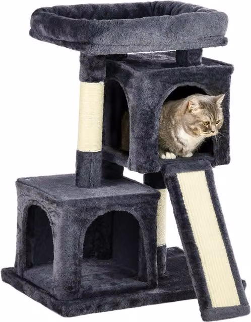 Albero Tiragraffi per Gatti PawHut con Pali in Sisal, 3 Casette e Giochi Integrati, Colore Nero e Grigio, L/P/H: 59 x 39 x 83 cm – 1