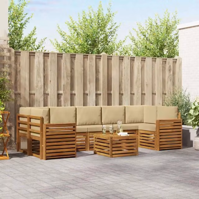 Set di divani da esterno a L vidaXL in legno di acacia con tavolino e cuscini, colore beige e sabbia – 1