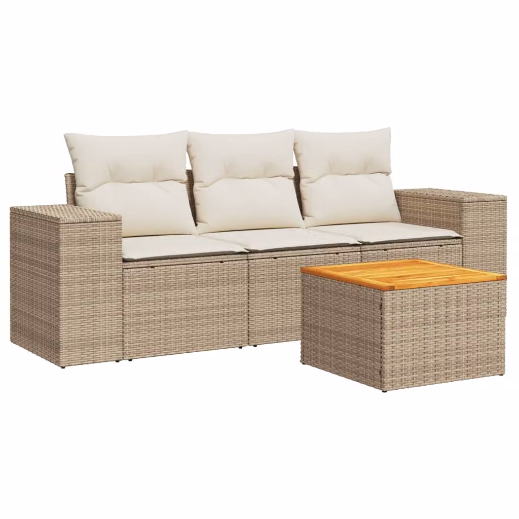 Set Divano da Giardino 4 pz con Cuscini Beige in Polyrattan