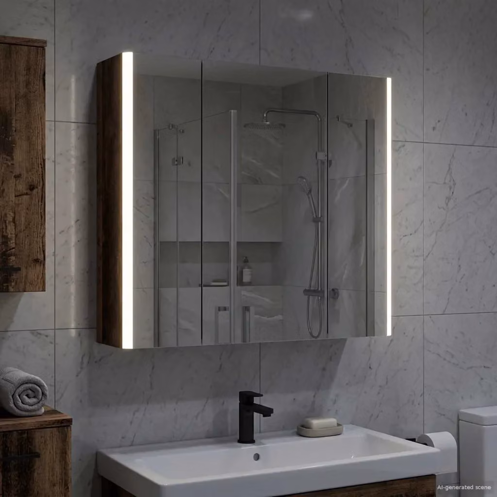 Armadio da bagno con specchio e illuminazione LED vidaXL in legno marrone, sospeso, L: 63,5 cm, H: 76,7 cm, P: 15,5 cm – 2