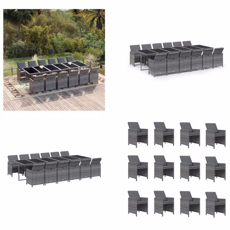 vidaXL Set da pranzo da giardino 13 pezzi con cuscini in poly rattan grigio - Set da pranzo da giardino - Set da pranzo da esterno - Set da pranzo da giardino - Set da pranzo da giardino