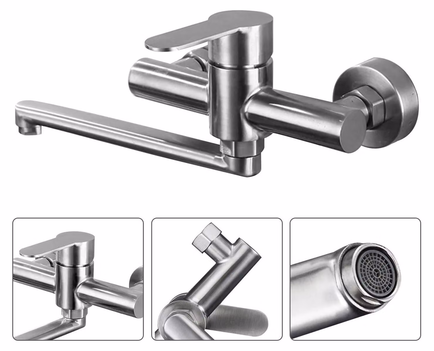 Miscelatore per lavello da parete - Acciaio inossidabile - Rotazione a 360° - Miscelatore monocomando per acqua calda e fredda - Argento