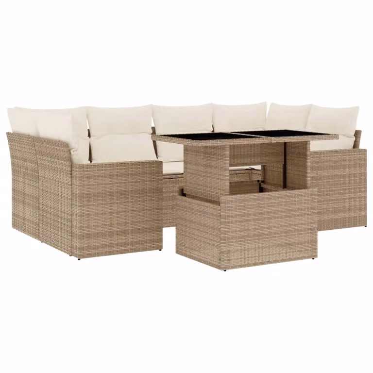 Set Divani da Giardino 7 pz con Cuscini Beige in Polyrattan