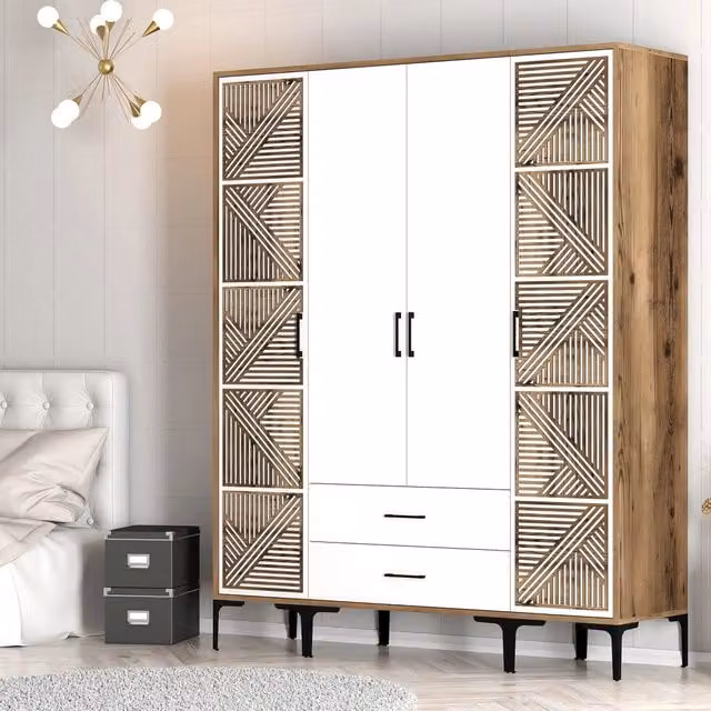 Armadio da camera da letto DMORA moderno con ante a battente e cassetti integrati, Bianco e Marrone, L: 160 cm, H: 201 cm