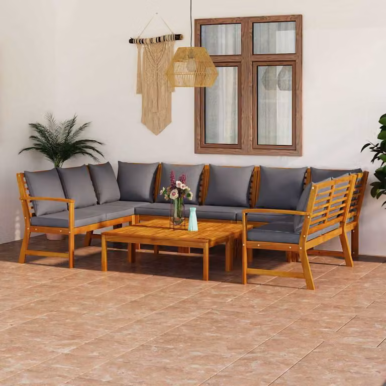 vidaXL Set Divani da Giardino 9 pz in Legno di Acacia con Cuscini Grigi e Tavolino da Caffè