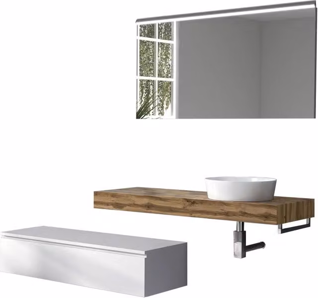 Composizione mobile bagno ASTRA 5 pezzi colore rovere miele e bianco con illuminazione LED e chiusura soft-close