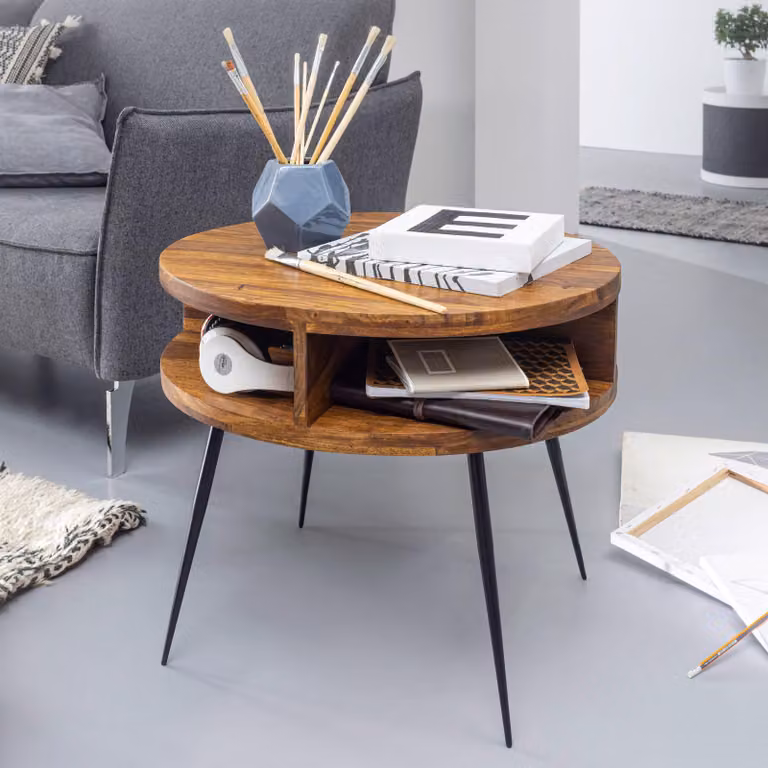 FineBuy Tavolino da caffè Sheesham in legno massiccio / metallo 60x45x60 cm Tavolo Soggiorno Design Tavolino con ripiano Piccolo Tavolo Soggiorno Rotondo Marrone