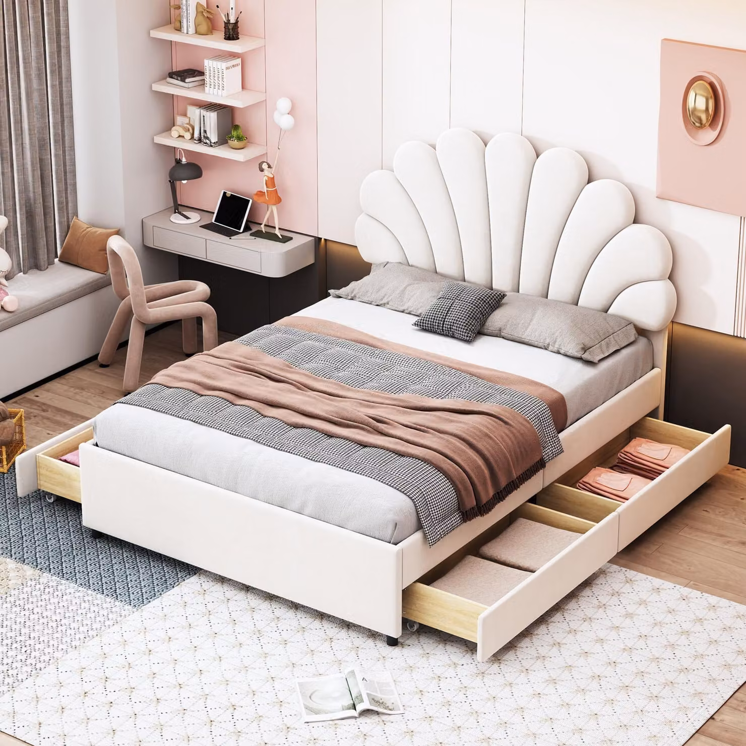 Letto imbottito 140 x 200 cm con testiera a forma di fiore, 4 cassetti e rete a doghe, rivestito in velluto, capacità di carico fino a 250 kg, colore beige